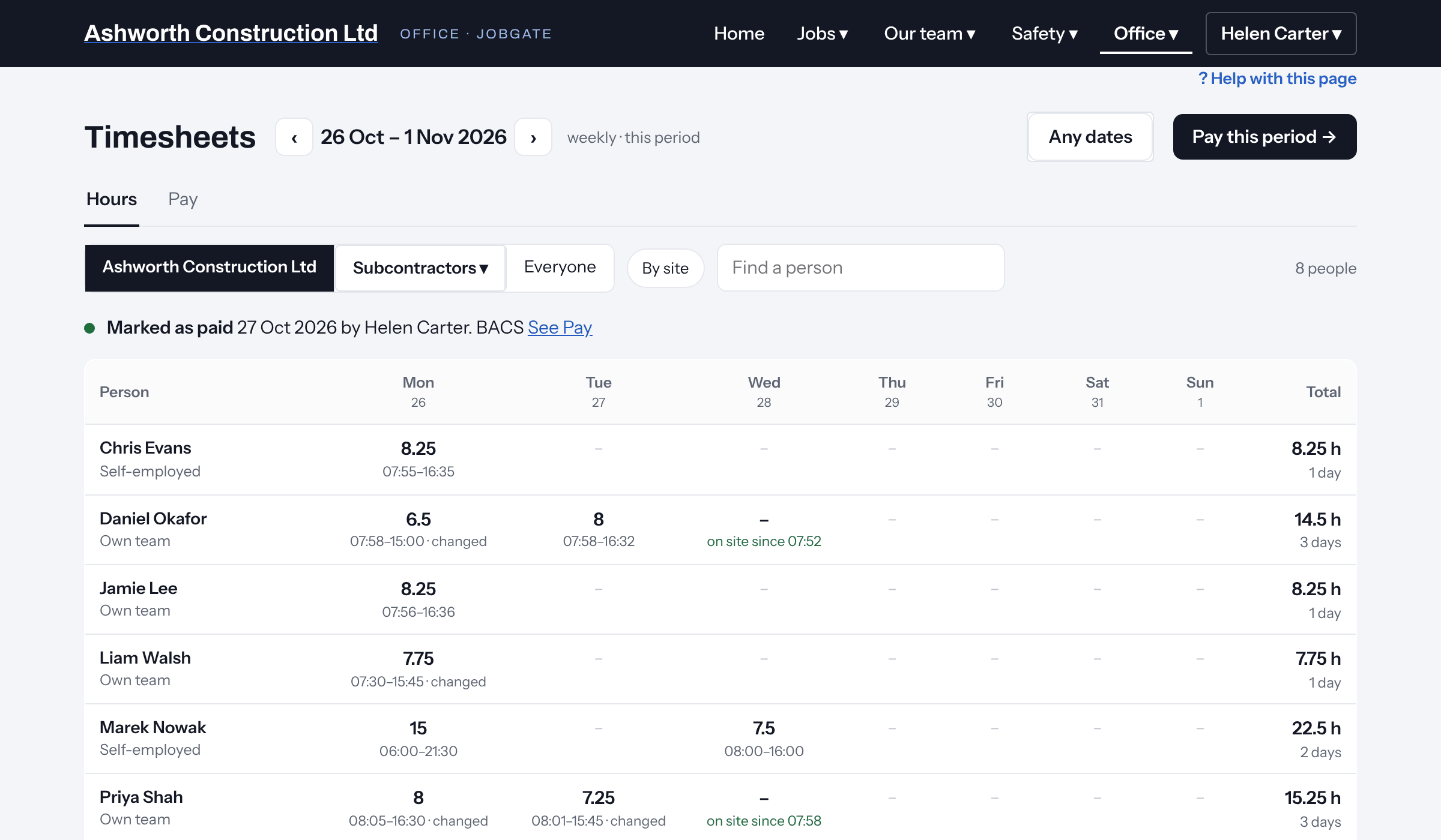 The Timesheets page